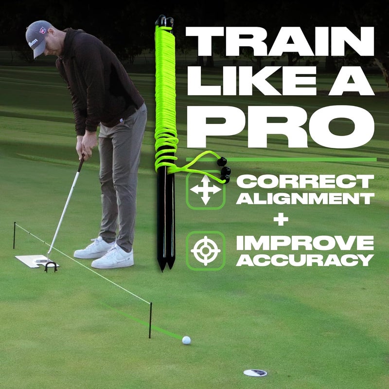 BACK 2 BASICS GOLF Putting String Line Triple Bead Alignment, Neon Green Visual Guide Putter Alignment Tool for Indoor & Outdoor Practice, Distance Control Golf Putting Aid for Precision Line Accuracy - Image 2